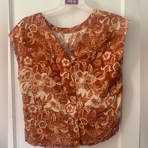 Nicole Miller | fall floral linen sleeveless button down top - Picture 1 of 7